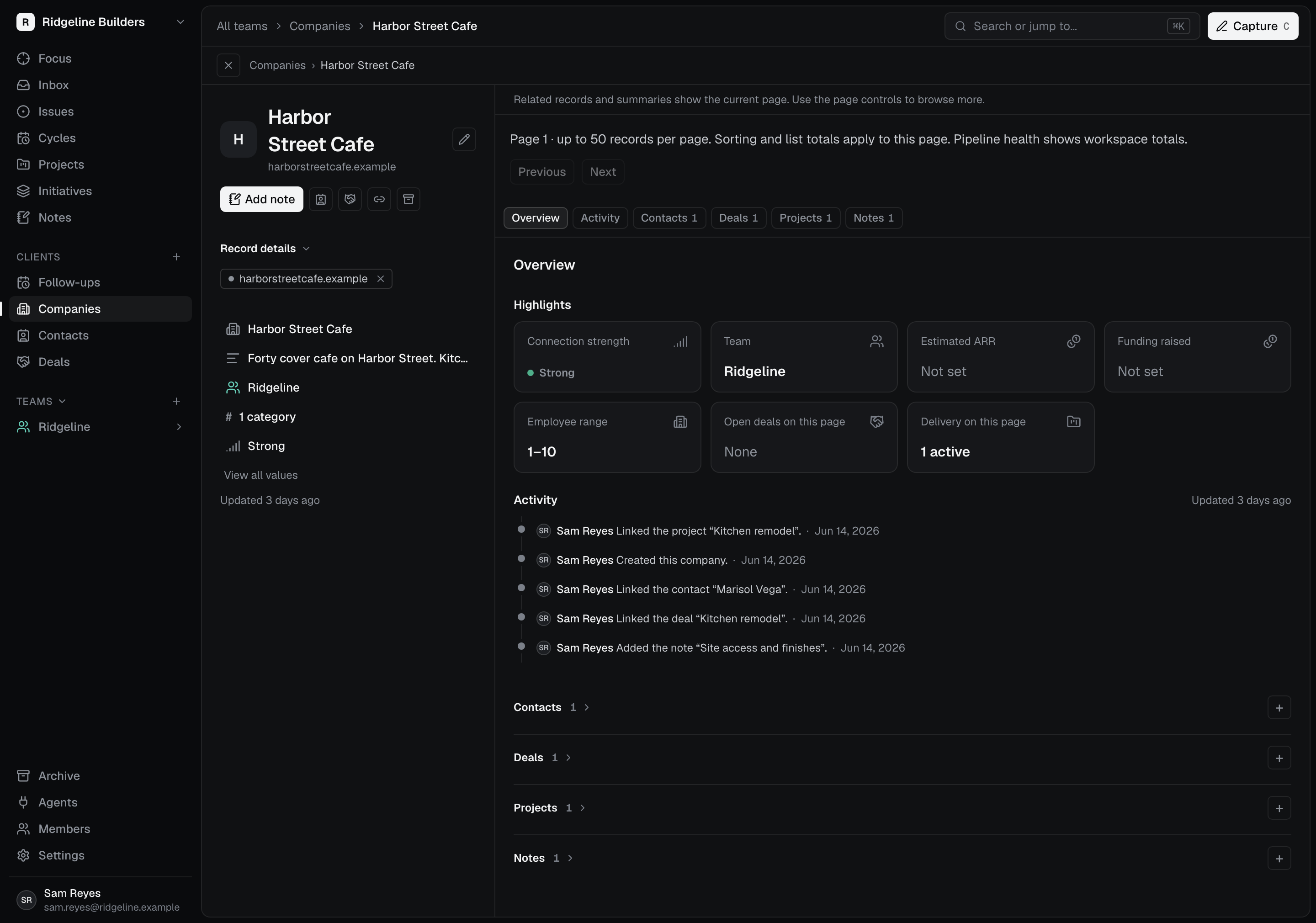 A customer page in Scoped for Harbor Street Cafe: the contact, the won deal, the linked job and the notes, with the full activity history beneath.